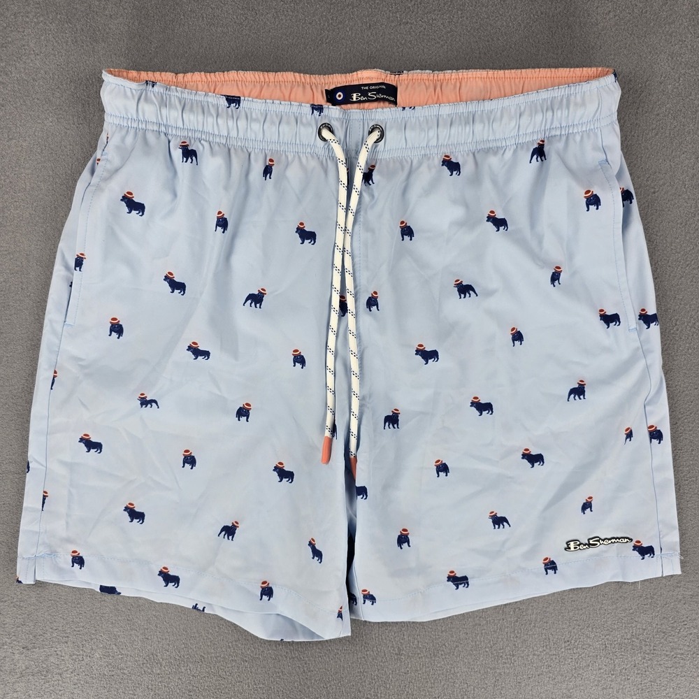 Ben Sherman Swim Trunks Shorts Mens Large All Over Print‎ Bull Dogs Blue L